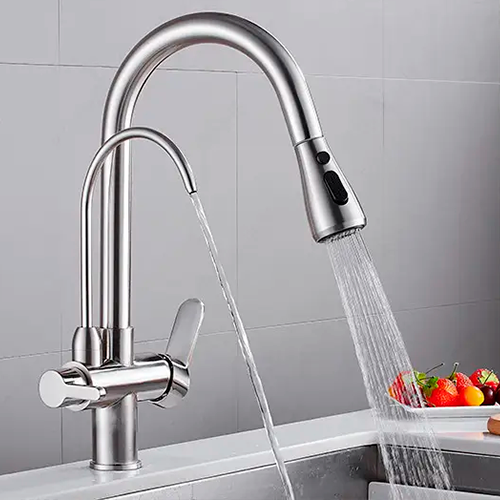 3 way Kitchen Mixer Tap with Sprayer, water flowing into cup from separate filtered water spout.